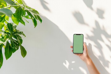 Poster - Minimalist Smart Tech Homeowner with Smartphone App Display in Sunlit Room - Modern Connected Living and Security Solutions for Suburban Homes