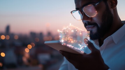 Leinwandbilder - Futuristic Urban Tech AI-Driven Smart Home Security Displayed by Young Professional - Interactive Tablet Interface for Modern Living Automation in Cityscapes