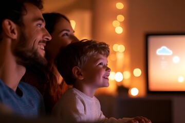 Aufkleber - Contemporary Smart Living Family Engaging with AI Assistant in Warm Modern Room - Enhancing Lifestyle and Tech Connectivity with Sophisticated Design and Automation for Home Innovation