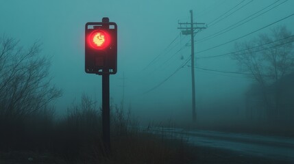 Wall Mural - A red siren mounted on a utility pole, glowing in the foggy morning light 