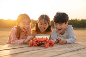 Leinwandbilder - Golden Hour Robotics Playful Outdoor STEM Learning with Children and Colorful Tech Assemblies - Enhancing Creativity and Innovation in Youth Education
