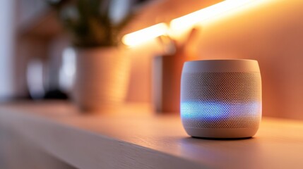 Aufkleber - Modern UWB Smart Speaker Sleek Metallic Design on Wood Shelf in Warm Ambient Lighting - Enhancing Connectivity for Tech-Savvy Homes and Sustainable Living Spaces