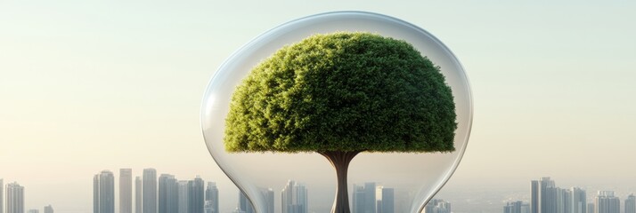Aufkleber - Eco-Innovation Visualization Tree Encased in Crystal Sphere Over Metropolis Skyline - Sustainable Urban Development and Green Business Strategy Content