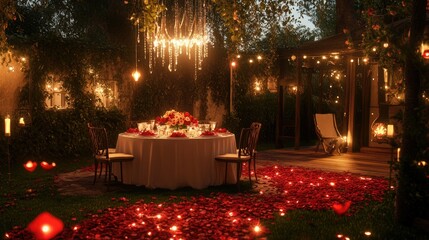 Sticker - Romantic Valentine's Day garden dinner setup with a round table, rose petals, and soft glowing chandeliers