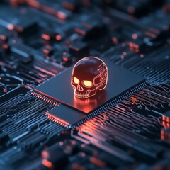 Poster - Cybernetic Aesthetic Illuminated Circuit Board with Neon Skull Icon - Digital Security Imagery for Innovative Tech Branding and Malware Protection Campaigns