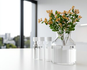 Aufkleber - Minimalist Glassware in Sustainable Lab Clear Vials and Floral Vase on White - Advanced Research Branding and Eco-Friendly Laboratory Design