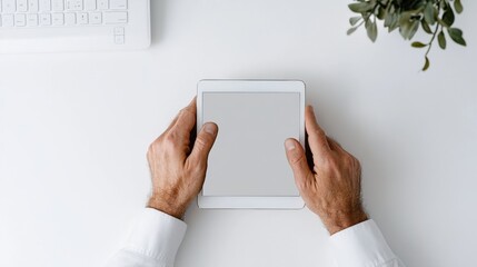 Leinwandbilder - Minimalist Digital Workspace Mans Hands Typing on Tablet with Analytical Graphs - Business Innovation and Data Visualization Tools for Modern Financial Analysis