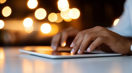 Poster - Ambient Workspace Aesthetic Hands Typing on Tablet with Financial Graphs - Modern Data Analysis Content and Agile Business Solutions