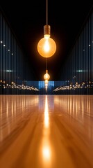 Leinwandbilder - Modern Architectural Lighting Sleek Glass Corridor with Linear Pendant Bulbs - Innovative Office Design and Sustainable Workspace Illumination