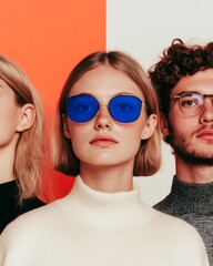 Poster - Chic Modern Portraiture Youthful Trio in Textured Knitwear and Bold Sunglasses - Contemporary Fashion Campaign and Youth Lifestyle Branding