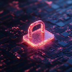 Poster - Futuristic Glow Cybersecurity Visual Neon Circuit Board with Padlock Concept - Business Protection and Advanced Digital Branding for Tech-Driven Solutions