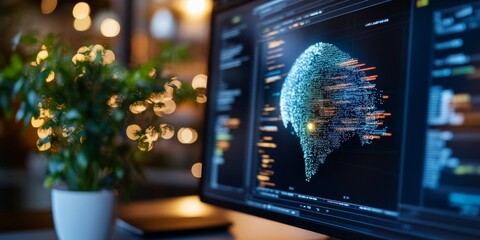 Fototapete - Data-Driven Minimalist Workspace Interactive Graphs on Dual Monitors and Sleek Desk Setup Innovative Tech for Data Analysis in Modern Corporate Offices