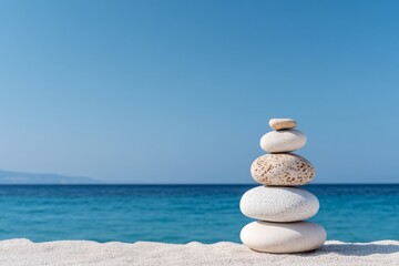 Canvas Print - Minimalist Coastal Zen Display Smooth Stone Stacks in Sand Ripples by Ocean - Tranquil Wellness Imagery and Mindful Branding for Stress Relief