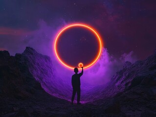 Aufkleber - Retro-Futuristic Sci-Fi Aesthetic Child Silhouette with Glowing Orb Amidst Metallic Crater - Visual Content for Gaming and Entertainment Marketing