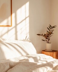 Aufkleber - Minimalist Bedroom Oasis Soft White Linens on Platform Bed with Natural Light and Abstract Art - Serenity in Modern Interior Design for Urban Residential Developments
