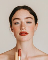 Aufkleber - Minimalist Eco-Beauty Portrait Young Woman with Sustainable Bamboo Lipstick - Modern Green Cosmetics Marketing and Environmental Impact in Fashion