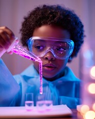 Leinwandbilder - Interactive STEM Learning Young Black Scientist with Curly Hair in Blue Lab Coat Mixing Chemicals - Inspiring Hands-On Education and Digital Content Creation