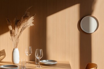 Poster - Modern Minimalist Dining Ambiance Warm Neutral Decor with Glassware and Pampas Grass - Creating Tranquil Hospitality Spaces for Contemporary Restaurant Interiors
