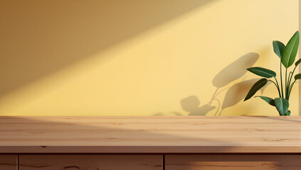 Wall Mural - blank brown wooden counter table in soft sunlight