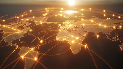 Wall Mural - global network connections illuminated world map showing interconnectivity