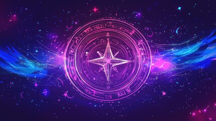 Wall Mural - Glowing cosmic compass with mystical symbols.