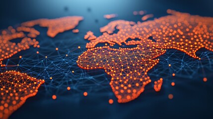 Wall Mural - global network connection illuminated world map of interconnected nodes and lines