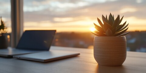 Poster - Serene Workspace Aesthetic Minimalist Laptop and Notebook on Wooden Desk with Succulent at Sunset - Remote Work Content for Modern Business Efficiency