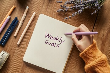 Aufkleber - Pastel Productivity Young Indian Womans Handwriting Weekly Goals in Bullet Journal with Lavender and Washi Tapes - Mindful Planning for Creative Workspaces and Lifestyle Content