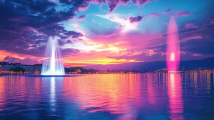 Wall Mural - Vibrant sunset over lake with illuminated fountains.