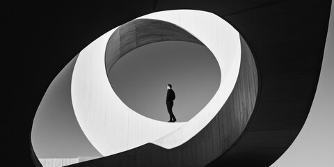 Leinwandbilder - Futuristic Architectural Aesthetic Minimalist Concrete Spiral Structure with Young Adult - Innovative Urban Design and Modern Marketing Visuals