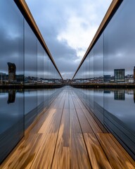 Poster - Reflective Urban Innovation Modern Wooden Deck Overlooking Corporate Skyline and Waterfront - Commercial Real Estate Content and Business District Development Insights