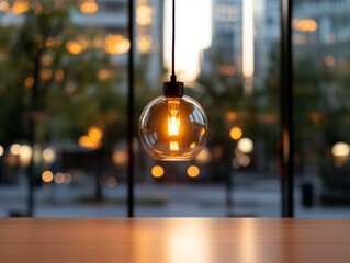 Aufkleber - Warm Industrial Lighting Vintage Filament Bulb in Glass Pendant Against Urban Backdrop - Modern Office Aesthetics and Ambient Workspace Solutions