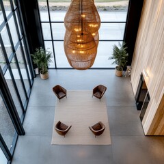 Leinwandbilder - Scandinavian Office Retreat Woven Light Fixtures and Leather Chairs in Minimalist Conference Room - Enhancing Team Creativity and Modern Business Collaboration