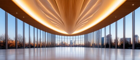 Aufkleber - Futuristic Architectural Elegance Daylit Glass Chamber with Curved Ceiling and Urban Views - Innovative Business Hub and Modern Governance Design Inspiration