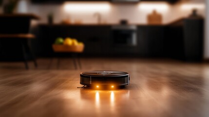 Aufkleber - AI-Powered Minimalist Home Automated Vacuum Navigating Hardwood Kitchen Floor Smart Living Solutions for Eco-Friendly and Efficient Modern Lifestyles in Urban Spaces