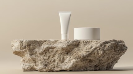 Wall Mural - Soft white cream skin care tube with packaging box on stone with light beige background mockup, product photography