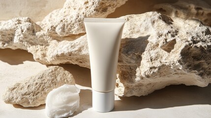 Wall Mural - Soft white cream skin care tube with packaging box on stone with light beige background mockup, product photography