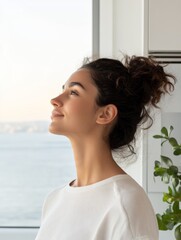 Fototapete - AI-Enhanced Smart Kitchen Young Woman in Sunlit Space with Voice-Controlled Appliances and Metallic Accents - Tech Innovation and Modern Culinary Living