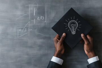 Aufkleber - Contemporary Chalkboard Aesthetic Hands Grasping Graduation Cap with Illuminated Lightbulb - Professional Education Imagery and Knowledge-Driven Marketing for Academic Industries