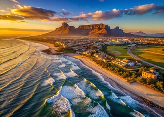 Wall Mural - Dawn over Bloubergstrand Beach, Cape Town: Aerial Drone 4K Footage