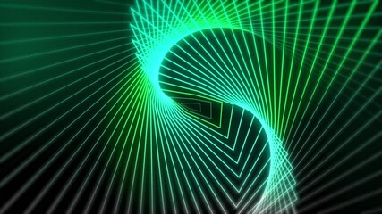 Wall Mural - Swirling wave warp shape neon glowing lines geometric pattern design 3D animation on dark gradient background dynamic abstract portal illusion teal cyan grey