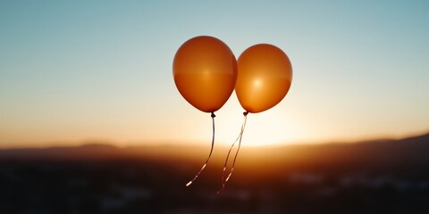 Poster - Vibrant Modern Celebration Floating Party Balloons in Sunset Sky with Silhouette Cityscape - Dynamic Event Content and Joyful Marketing Visuals