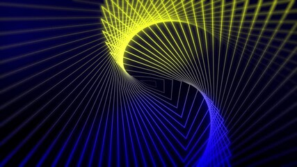 Wall Mural - swirling wave warp shape neon glowing lines geometric pattern design 3d animation on dark gradient b