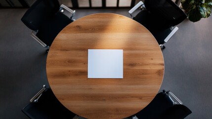 Poster - Contemporary Office Harmony Minimalist Wooden Table with Documents in Stylish Workspace - Enhancing Collaborative Culture and Professional Meeting Efficiency