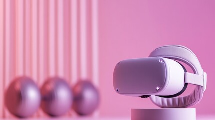Poster - Neon-Pink Home VR Fitness Setup Sleek Headset on Stand with Minimalist Equipment for Innovative Tech-Driven Wellness and Personalized Exercise Tracking