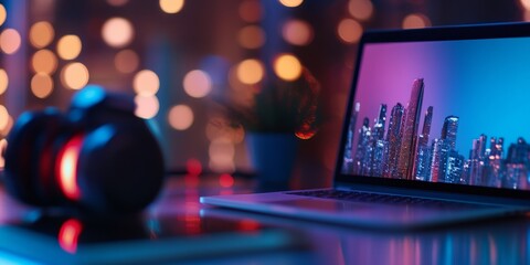 Leinwandbilder - Contemporary Urban Aesthetic Sleek Laptop in Neon-lit Home Workspace with Cityscape Wallpaper - Digital Nomad Tech Hub and Remote Collaboration Enhancement
