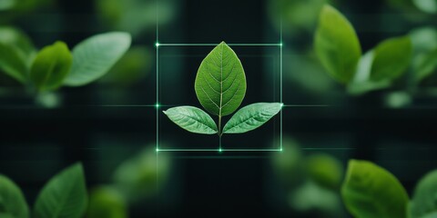 Aufkleber - Green Tech Interface Digital Leaf Analytics on Futuristic Background - Sustainable Innovation for Eco-Conscious Industries and Smart Environment Solutions