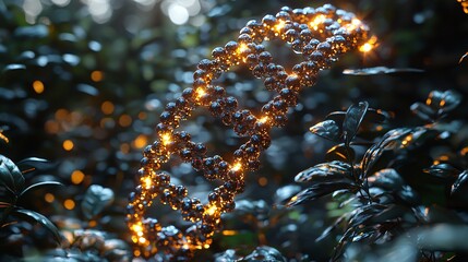 Wall Mural - glowing dna helix in lush dark green foliage abstract nature science concept