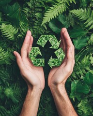 Poster - Nature-Inspired Branding Hands Cradling Leafy Recycling Symbol - Sustainable Design for Eco-Friendly Business Marketing and Environmental Advocacy