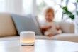 © Ryzhkov - Minimalist Smart Home Living Voice-Assistant Speaker on Sleek Table in Bright Family Room - Enhancing Modern Lifestyle and Digital Interactions with Subtle Design